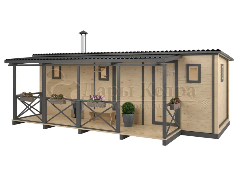 Каркасно-щитовая баня из кедра «Мега» с верандой